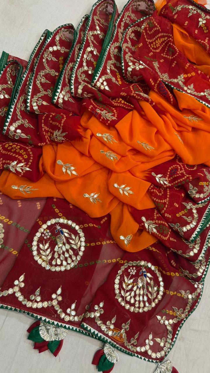 Pure Georgette Peacock Pallu Saree with Gota Patti Work – Chanderi Pilla Traditional Saree
