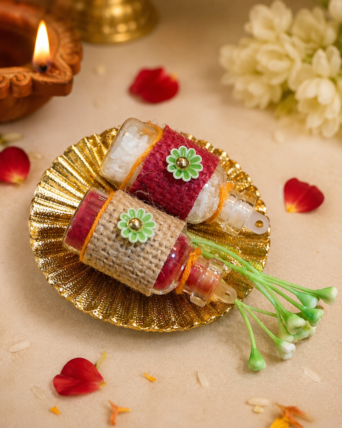 Decorative Gota Patti Pooja Thali with Roli Chawal Holder for Festive Ceremonies