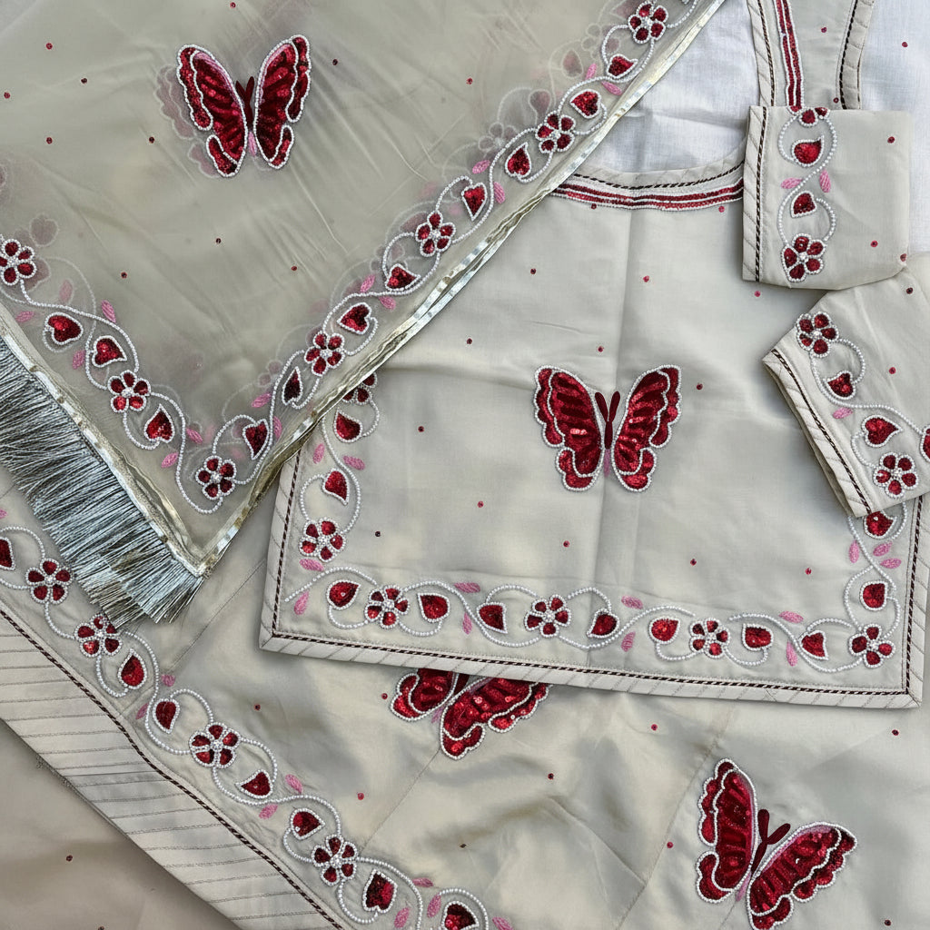 Royal Ivory Butterfly Taara Bid Handwork Rajasthani Poshak with Odhna