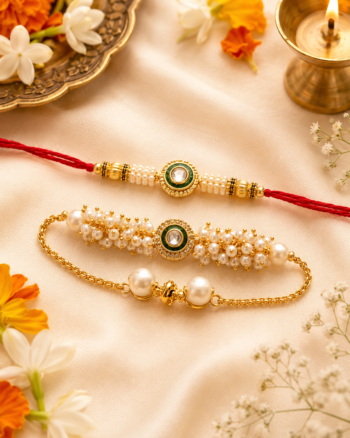 Emerald Pearl kundan work Bhaiya Bhabhi Rakhi Bracelet Set with Roli chawal & best wishes Card