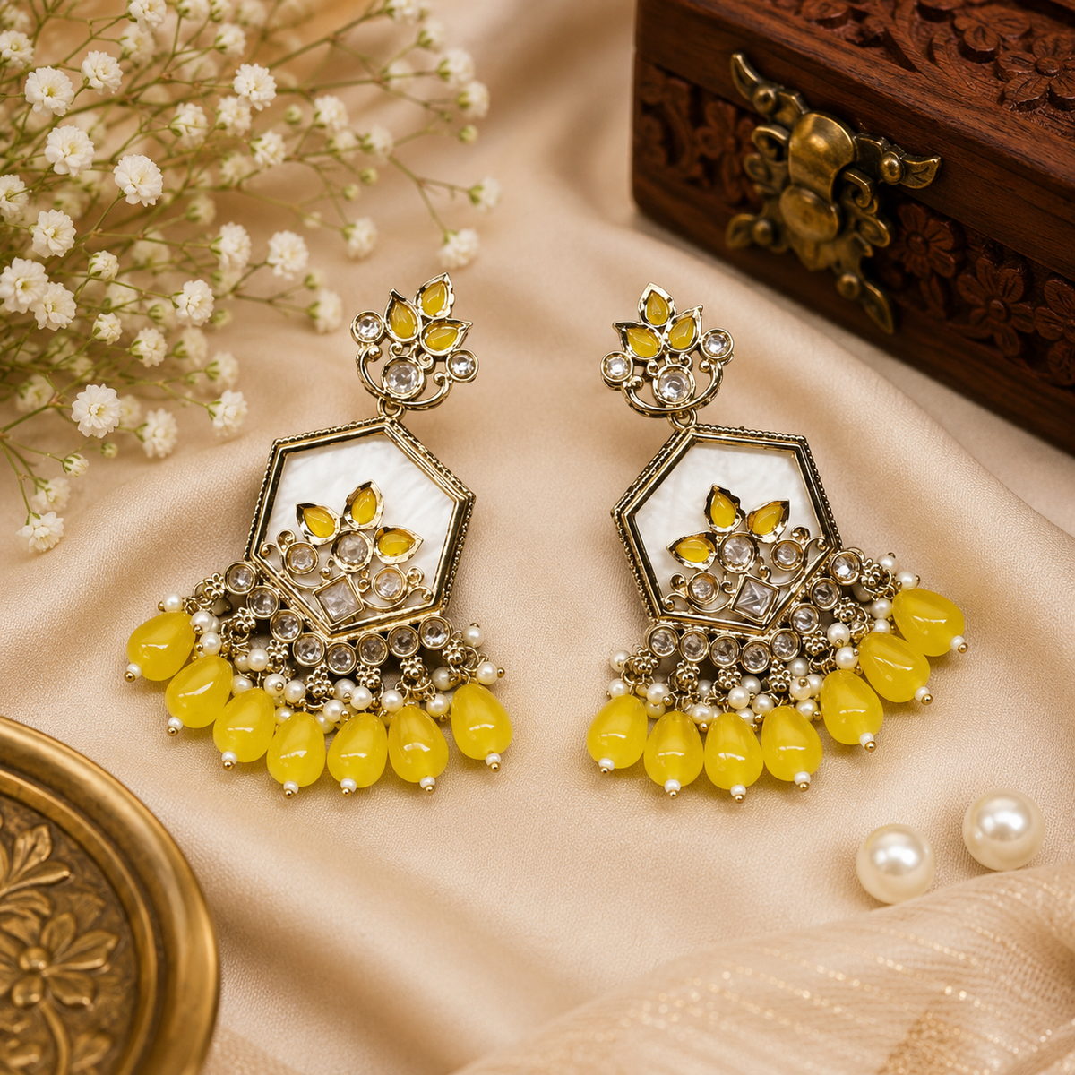 Yellow Stone Kundan Chandbali Earrings – Festive Pearl Drop Statement Jewelry