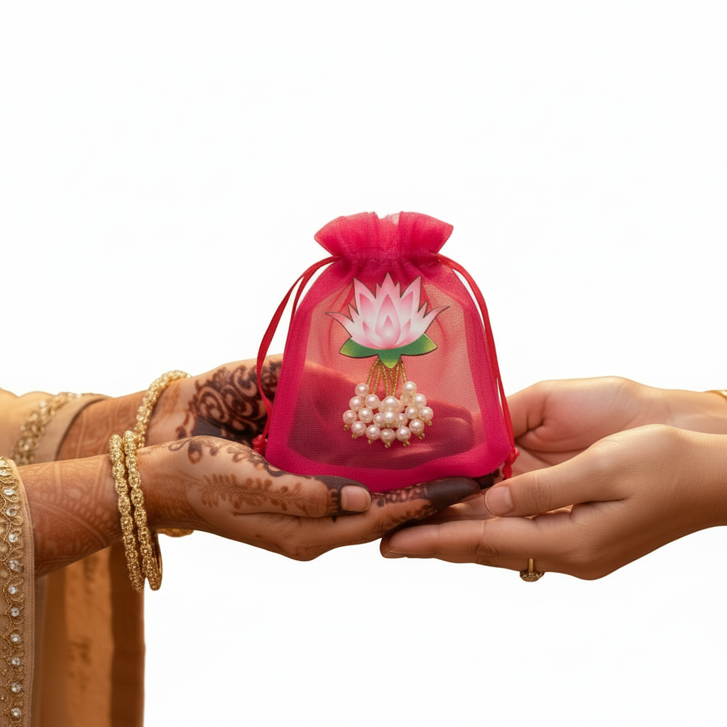 Premium Organza Coin Potli with Lotus Pearl Latkan – Pack of 20 Wedding Favor Bags