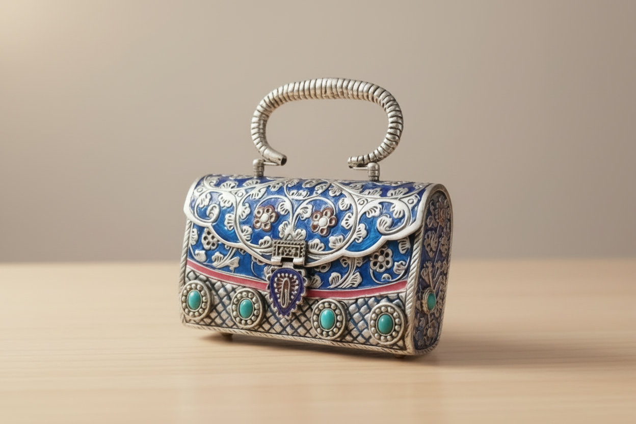 Luxury Heritage Silver Brass Clutch with Meenakari & Kundan Work | Royal Ethnic Handbag