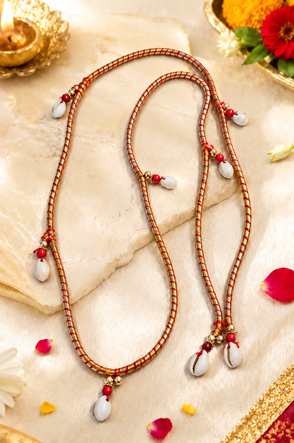Traditional Mayra Bhaat Napni Mala | Handcrafted Cowrie Shell Wedding Ritual Accessory