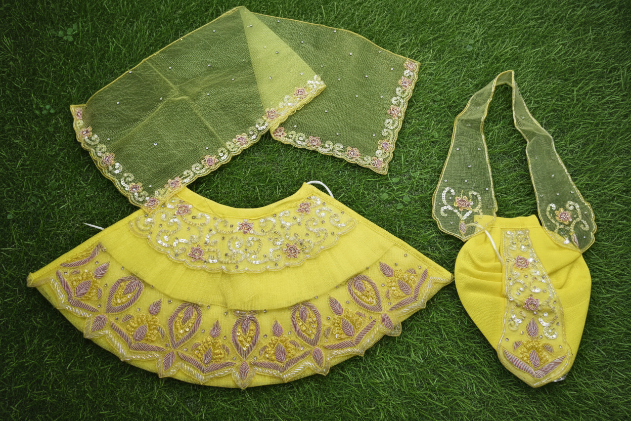 Pila Pitambar Radha Krishna Poshak | Yellow Designer Dress for Laddu Gopal 6 piece set