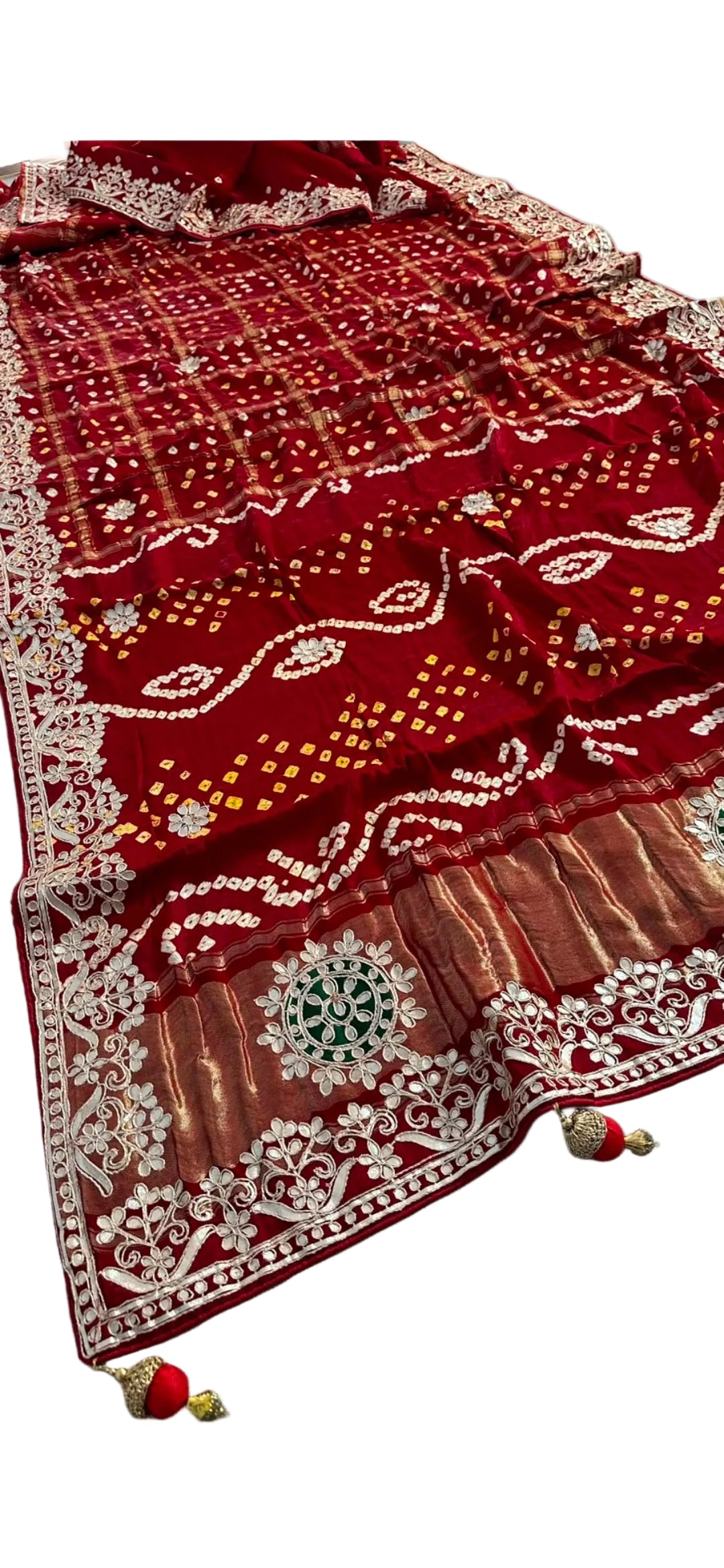 Pure Modal Gajji silk Gotta Patti Zari work Traditional Red & Maroon Ghatchola saree