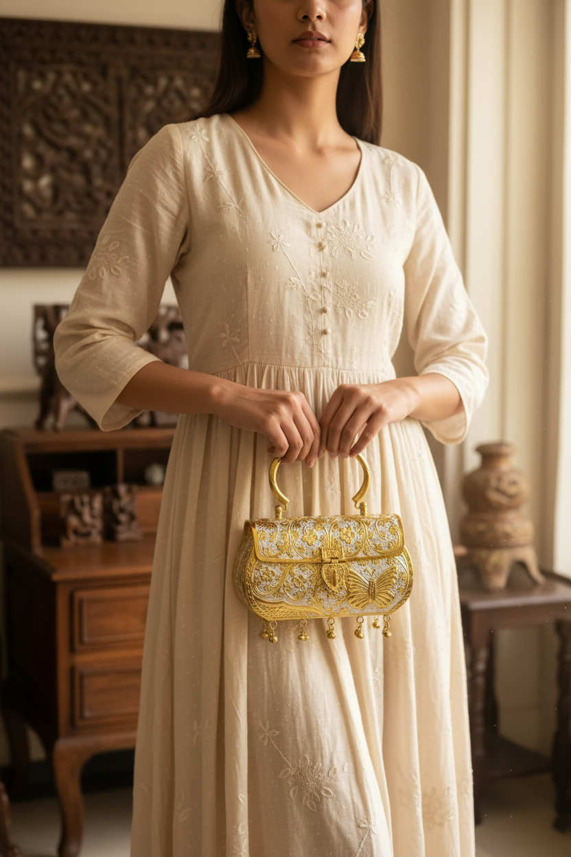 Royal dual-tone brass wedding clutch with antique silver gold finish