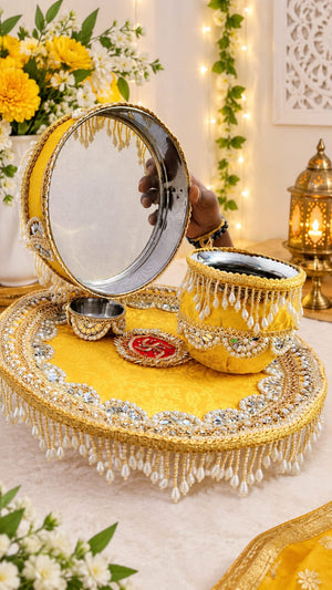 Handcrafted Sagun Wali Karwa Chauth Pooja Thali Set with Pearl & Stone Detailing