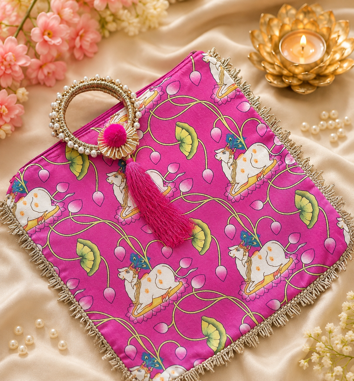 Traditional Pichwai-inspired print on an Indian ethnic gift bag