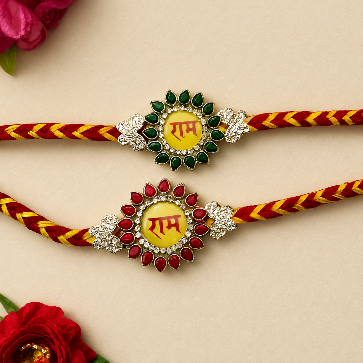Sacred Ram Raksha Kavach Rakhi with Traditional Red Moli Kalawa Thread