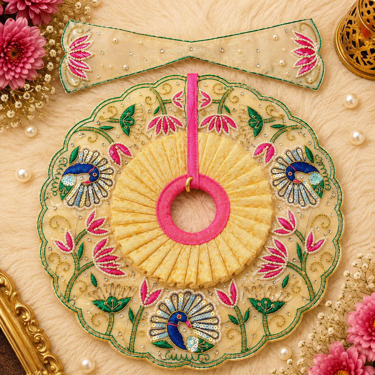 Vrindavan Mayur Pushp Heavy Embroidery Sequence Work Laddu Gopal Poshak with Peacock and Lotus Design
