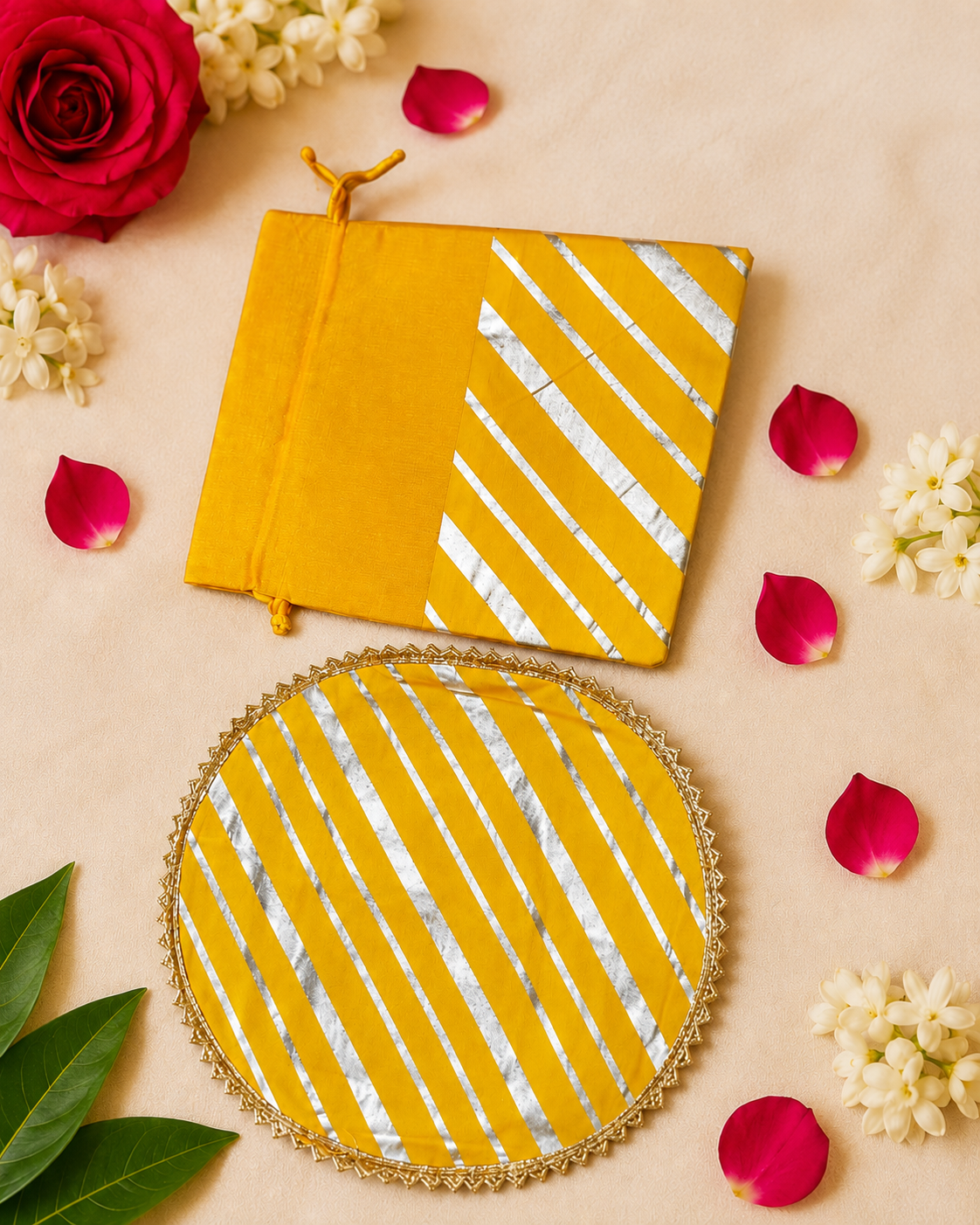 Yellow silver Gota Patti Lahriya Papad Mangodi gift set with traditional potli bag
