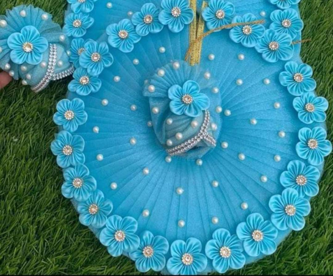 Tyohar special Sky Blue Floral Pearl Ladoo Gopalji Poshak with Pagri🌹