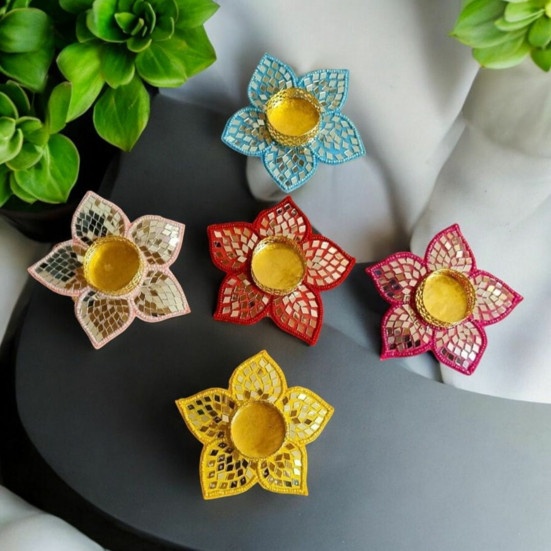 Beautiful handcrafted tealight  mirror flower candle holder  design diya 🪔 pack of 2   Assorted color