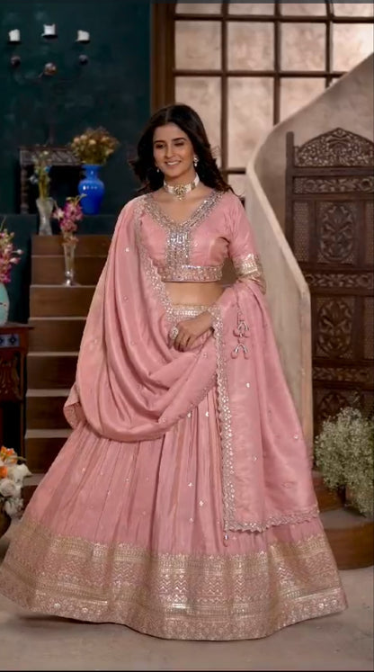 Pastel pink silk lehenga set with sequence embroidery work 🌹  size : L /XL/2XL  available