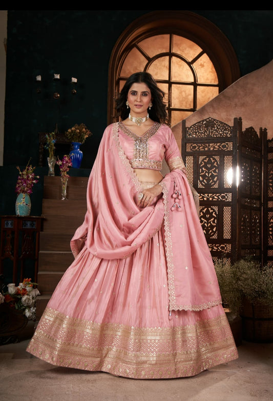 Pastel pink silk lehenga set with sequence embroidery work 🌹  size : L /XL/2XL  available