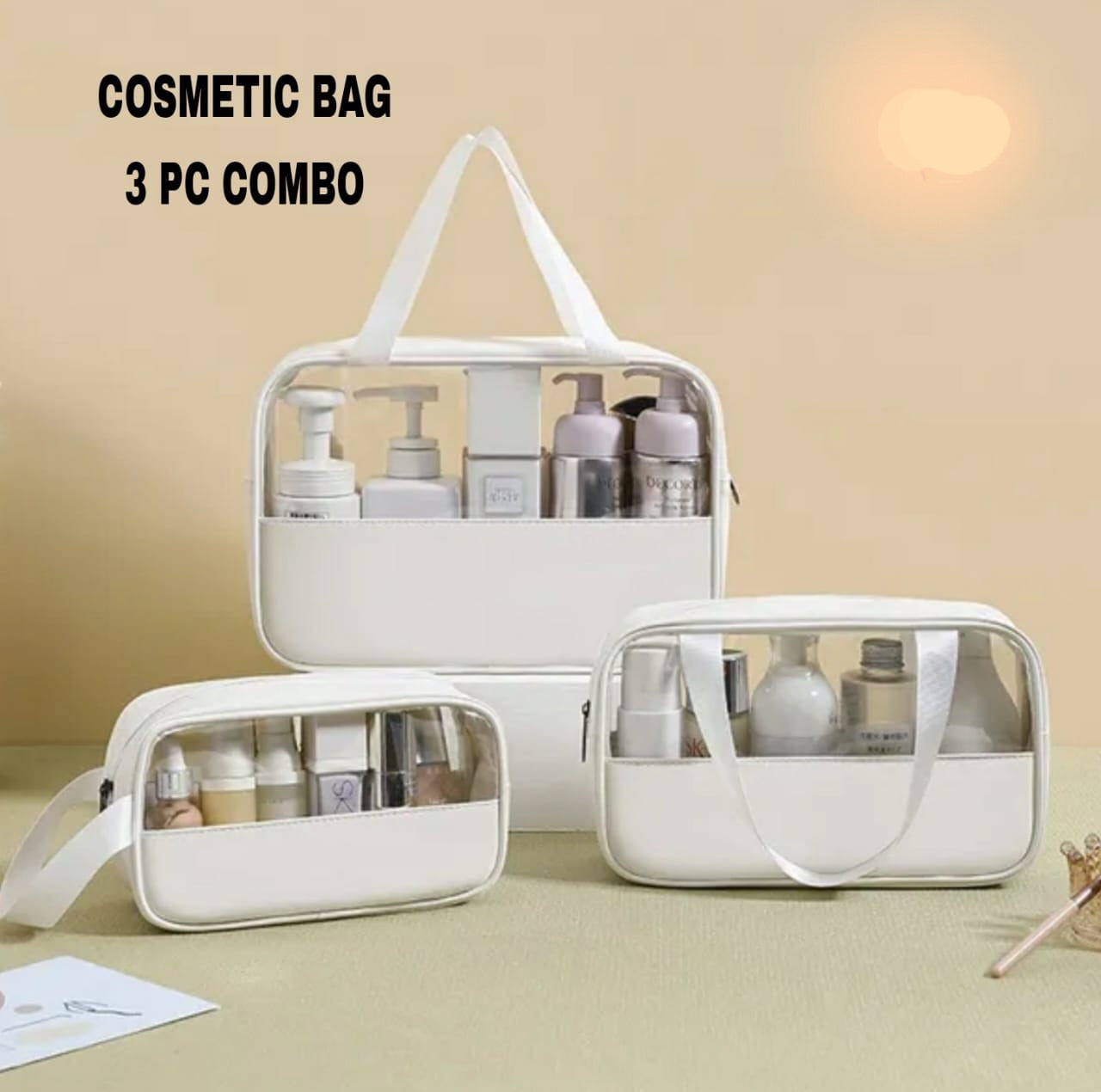 Portable transparent cosmetic storage/travel pvc large capacity   organiser 3 piece bag