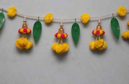 White Moti Marigold fluffy flowers garland bell 🔔 mango leaf with ganpati handcrafted Bandarwal/Toran   37*inch