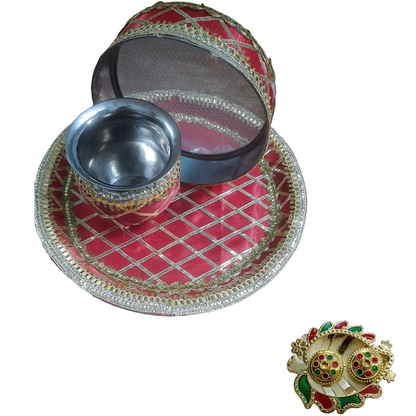 Gota lace work designer karwa chauth traditional  puja thali 🌹 steel  size 12* inch  free gift rolli chawal platter size 4*inch