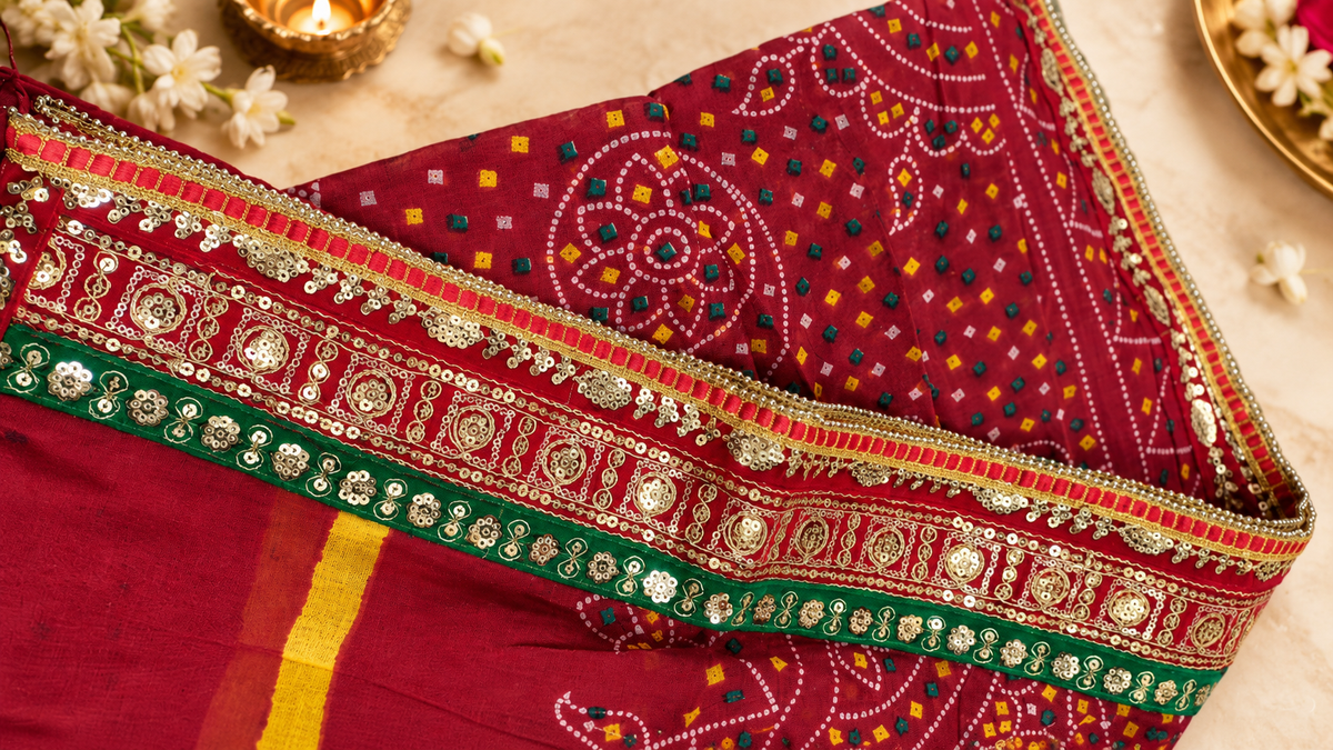 Maroon Bandhani-style odhni with ornate gold zari border and green detailing for puja and festive occasions