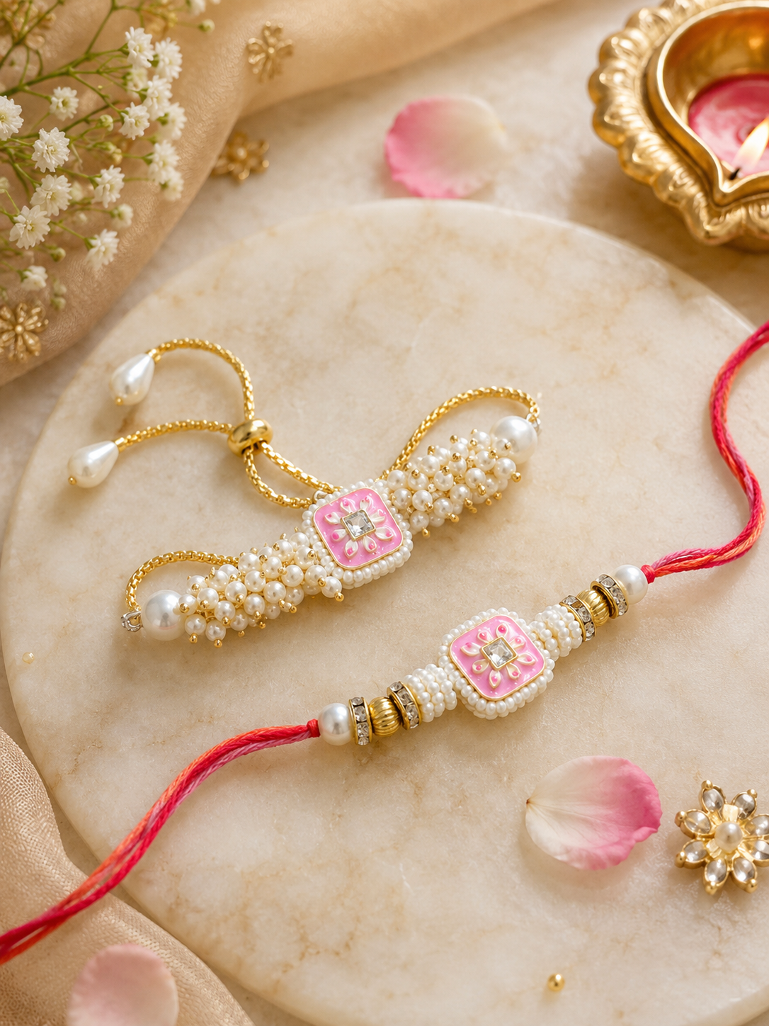 Premium Emerald Pearl Kundan Bhaiya Bhabhi Bracelet Rakhi Set with Roli Chawal and Best Wishes Card