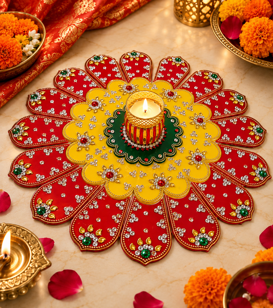 Diamond Stone Flower Acrylic Rangoli Sticker with Tealight Holder – 13 Inch