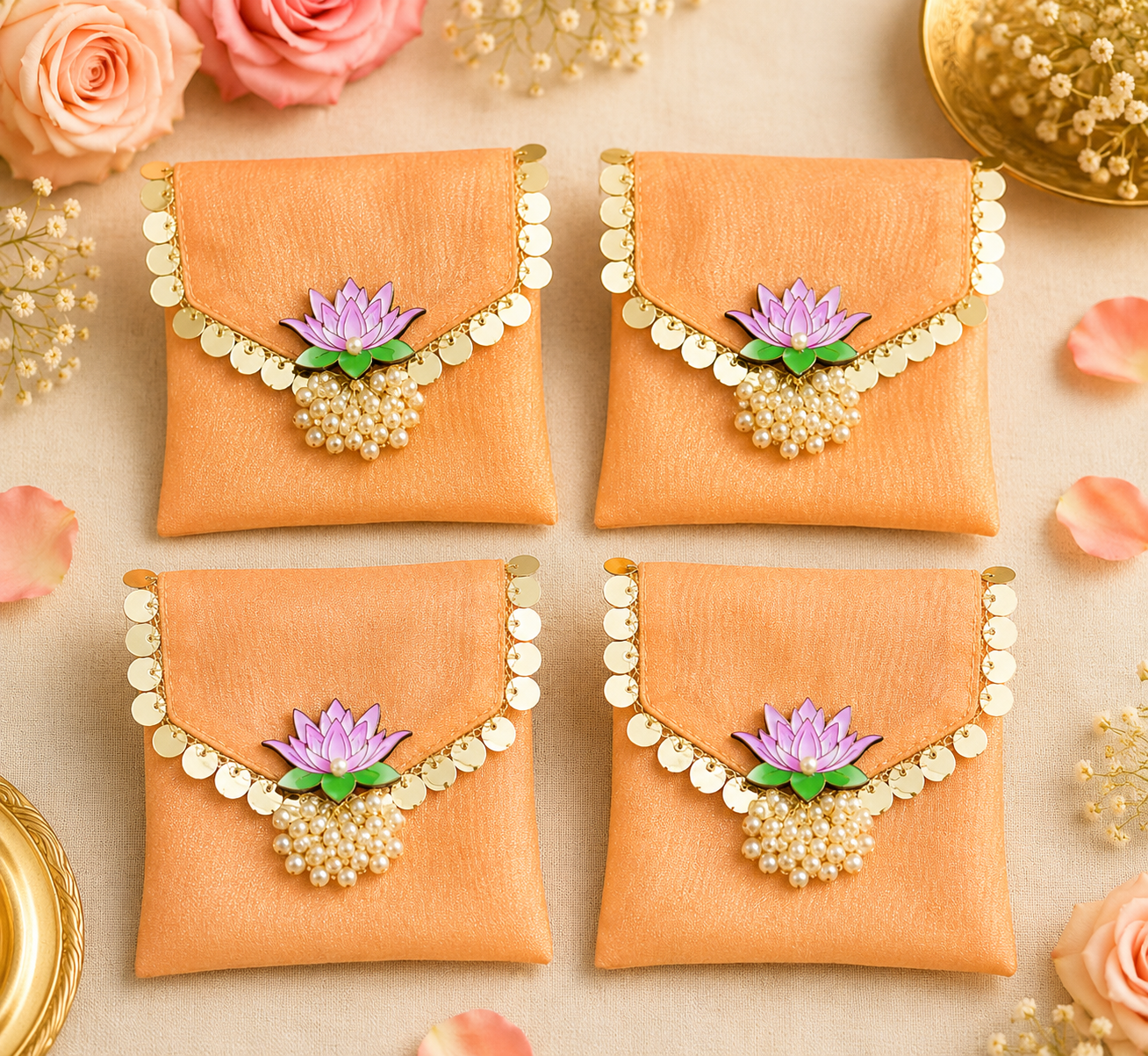 Lotus Embellished Organza Coin Pouch with Moti Latkan (Pack of 20) | Designer Shagun Bags
