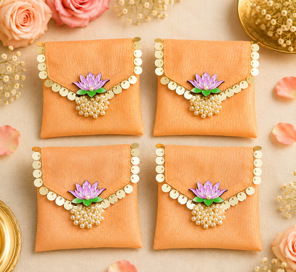 Lotus Embellished Organza Coin Pouch with Moti Latkan (Pack of 20) | Designer Shagun Bags