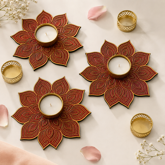 Golden Floral MDF Rangoli Tealight Candle Holders (6 Inch) – Pack of 4