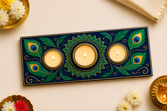 Designer MDF Rangoli Plates with Tealight Candles (6 Inch) – Pack of 2