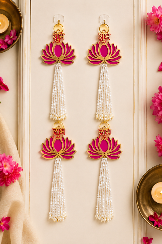 Lotus (Kamal) Moti Work Designer Shubh Labh Hanging – 2 Pairs