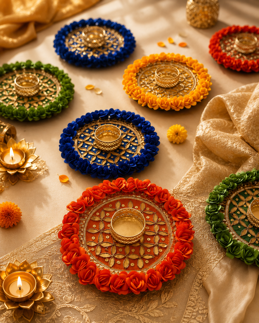 Handmade Floral Gota Work Rangoli Tealight Holder Set of 2 | Elegant Diwali Decor