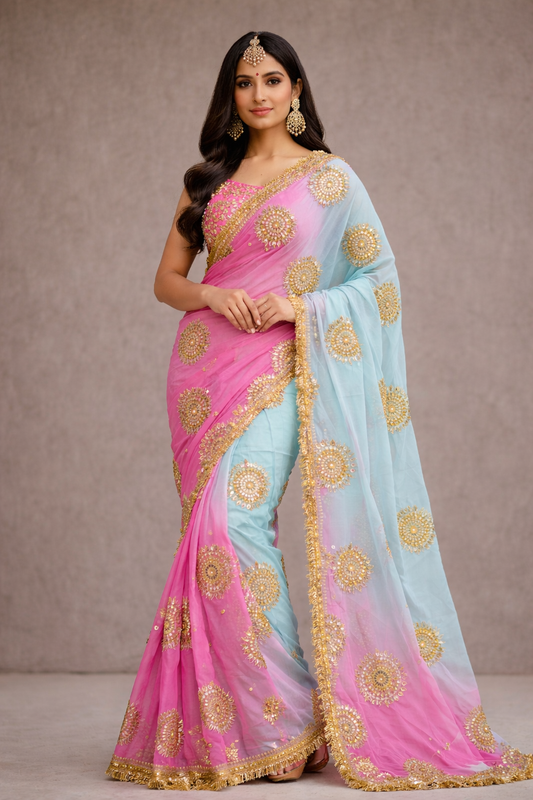 Boutique Designer Chiffon Gota Patti Saree – Multi Colour Buti Work with Contrast Blouse