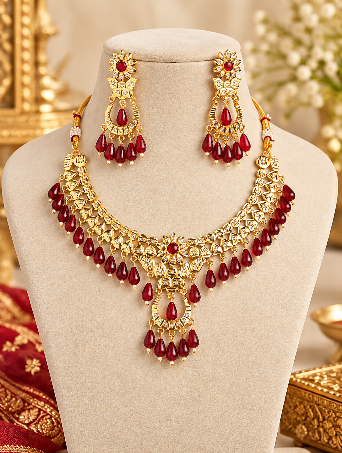 Royal Maroon Drop Necklace Set with Matching Earrings | Traditional Indian Bridal & Wedding Jewellery