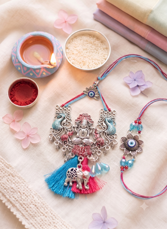 Laxmi Ji Oxidised Silver Bhaiya Bhabhi Rakhi Set with Evil Eye | Designer Good Vibes Rakhi (Pack of 2)