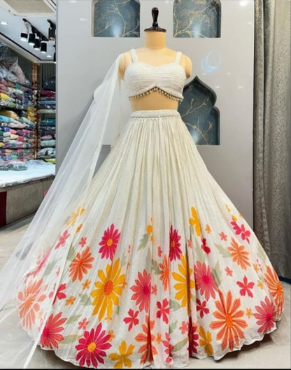 Beautiful off-white crepe crop top lehenga set  size M/ XL available