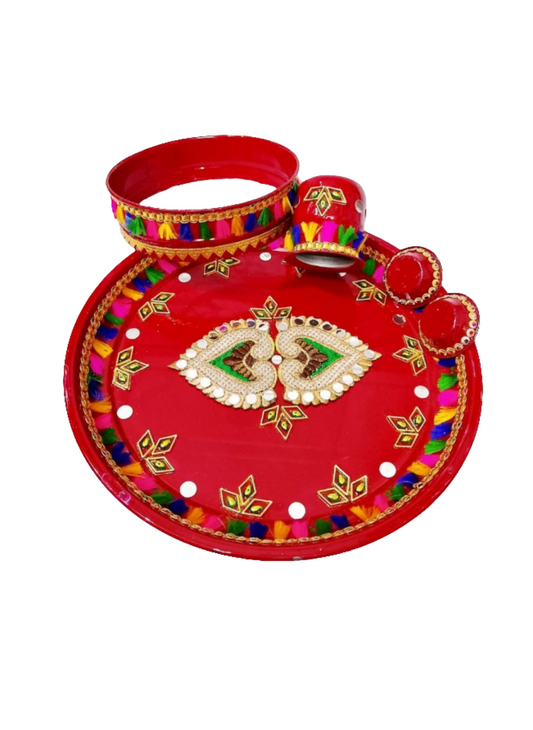 TRADITIONAL KARWA CHAUTH PUJA THALI🌹 UNIQE DESING  THALI SET WITH LOTA/KALASH DIYA CHANI & BOWL/ KATORI💫