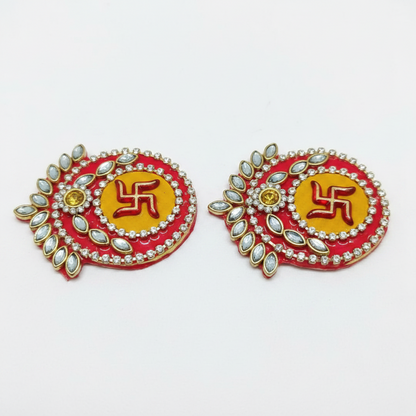 Traditional Swastik Shubh Labh Gota Work Puja Door Hanging Pair | Auspicious Decorative Door Tags