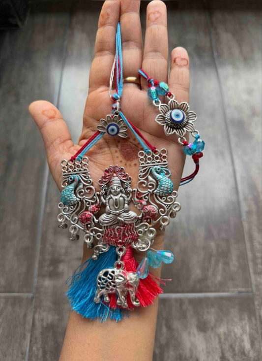 Laxmi ji oxidised silver  good vibes designer beautiful bhaiya bhabhi Rakhi set