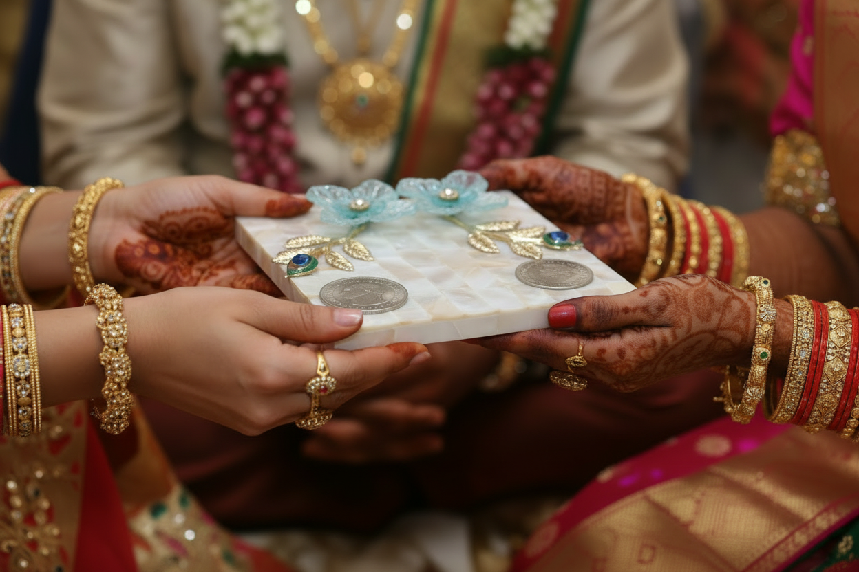 Handcrafted Mother of Pearl Coin Platter (4 inch) – Elegant Money Platter for Wedding, Shagun & Festive Gifting