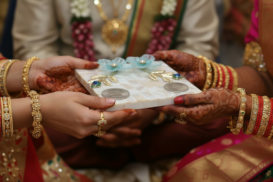 Handcrafted Mother of Pearl Coin Platter (4 inch) – Elegant Money Platter for Wedding, Shagun & Festive Gifting