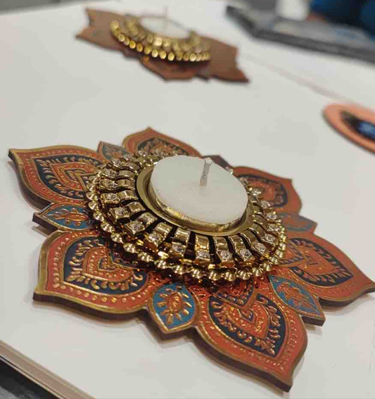 Decorative designer MDF Rangoli plates with tealight 6"inch pack of 2