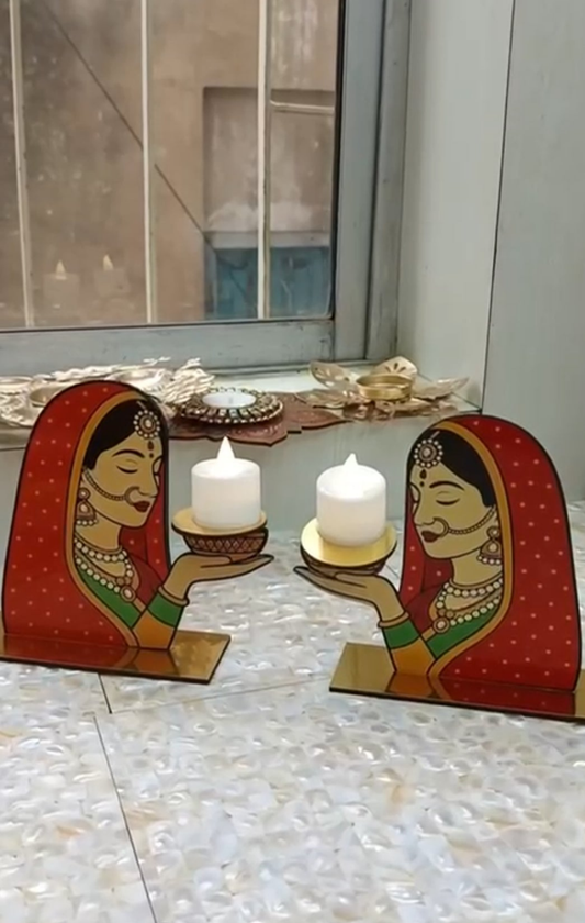 Beautiful handcrafted MDF pair of lady candle stands perfect choice for Diwali decor pack of 5 pair         (No candle included)