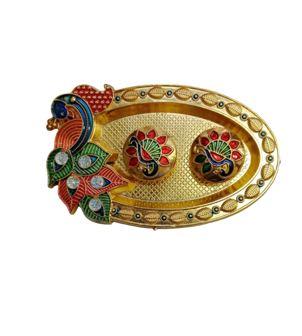 Gold plating peacock 🦚 design Sagun Roli Chawal Tilak Thali Diwali Pujan Platter/ Haldi kumkum/Housewarming Gifts Items🌹pack of 1   size:5* inch