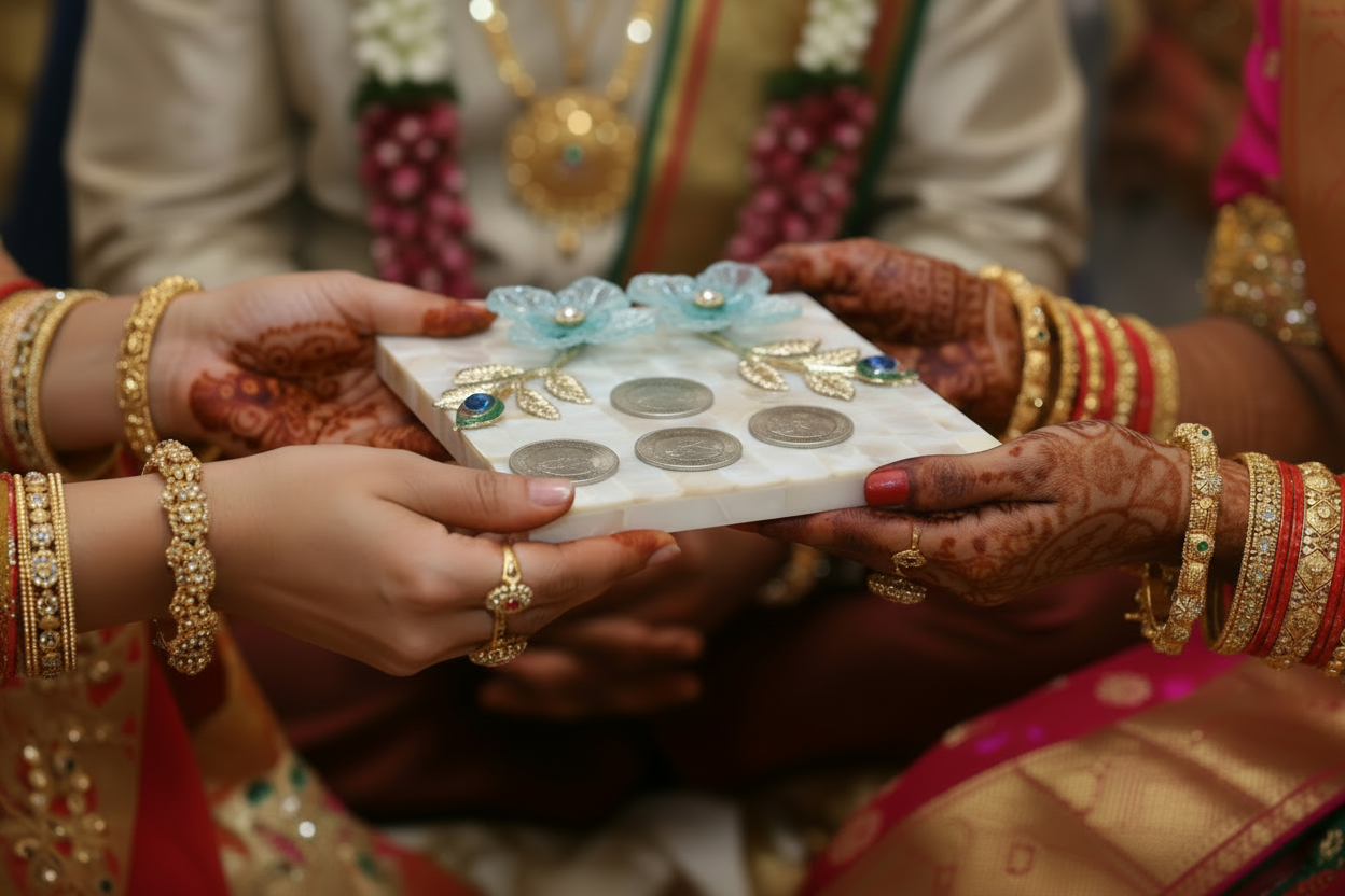 Handcrafted Mother of Pearl Coin Platter (4 inch) – Elegant Money Platter for Wedding, Shagun & Festive Gifting