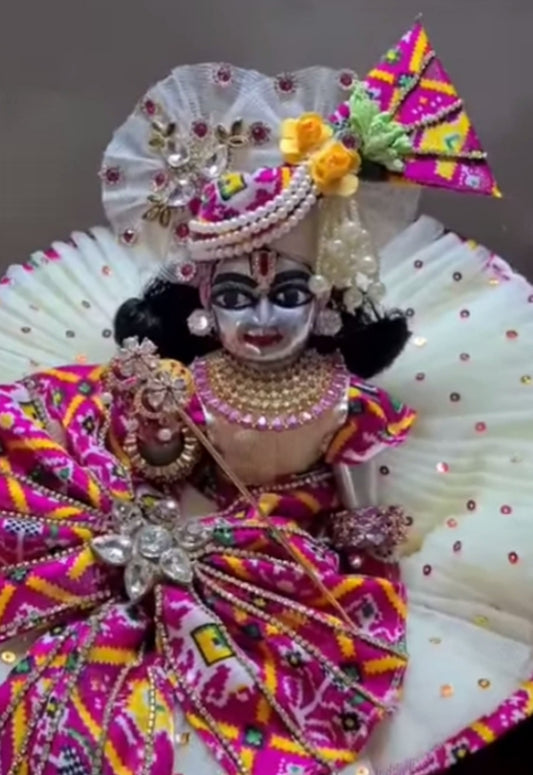 Tyohar special Handcrafted white pink brooch stone heavy designer Ladoo Gopalji Poshak with pagri 🌸💮