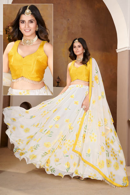 Festival special yellow 💛 &white digital print beads and pearl work georgette crop top lehenga set.  size: L /XL  available