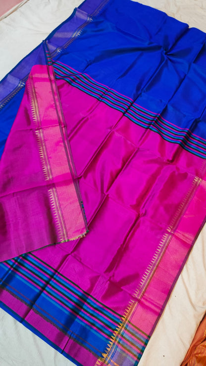 Blue pink Bishnupur Katan Silk handwork saree