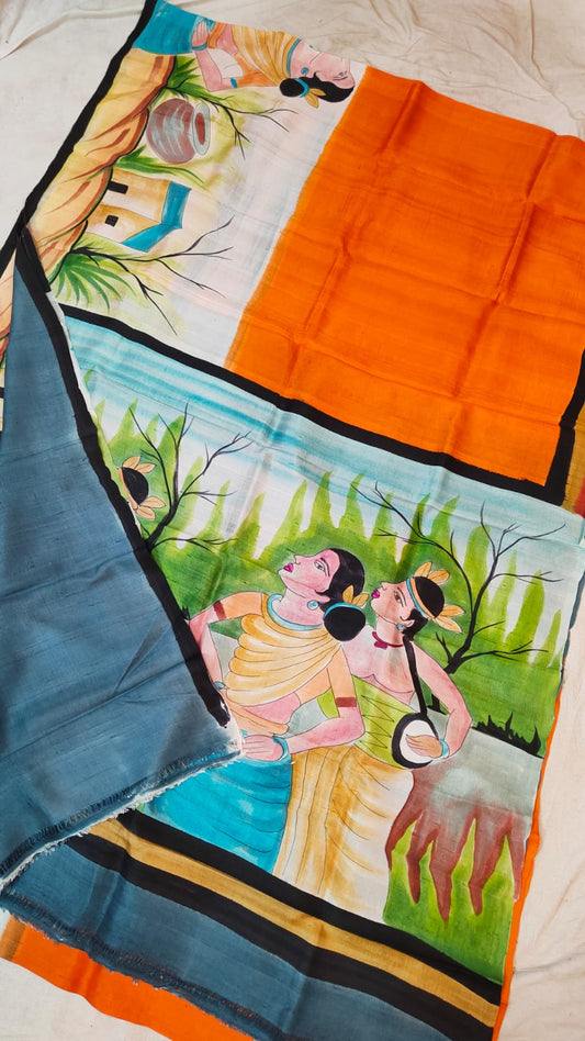 Orange multicolor printed Bishnupuri silk saree
