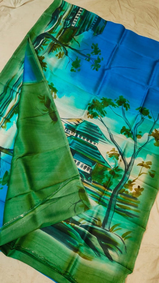 Blue green printed Bishnupuri silk saree